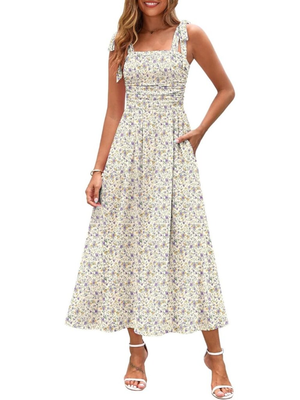 🆕 Women's Light Yellow Floral Sleeveless Square Neck With Pocket Maxi Dress